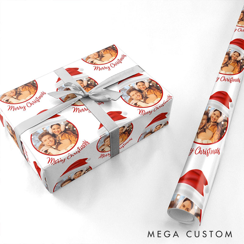 Personalized Couple Photo Santa Hat Christmas Wrapping Paper Custom Christmas Wrapping Paper Holiday Gift Wrap for Girlfriend Wife Boyfriend Husband