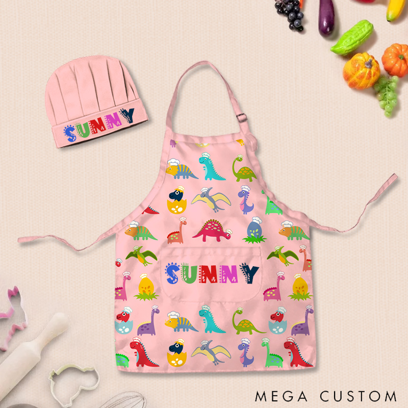 Personalized Fun Cartoon Dinosaur Adjustable Kid Apron Chef Hat Set with Pocket and Name for Cooking Baking Birthday Holiday Gift for Kids