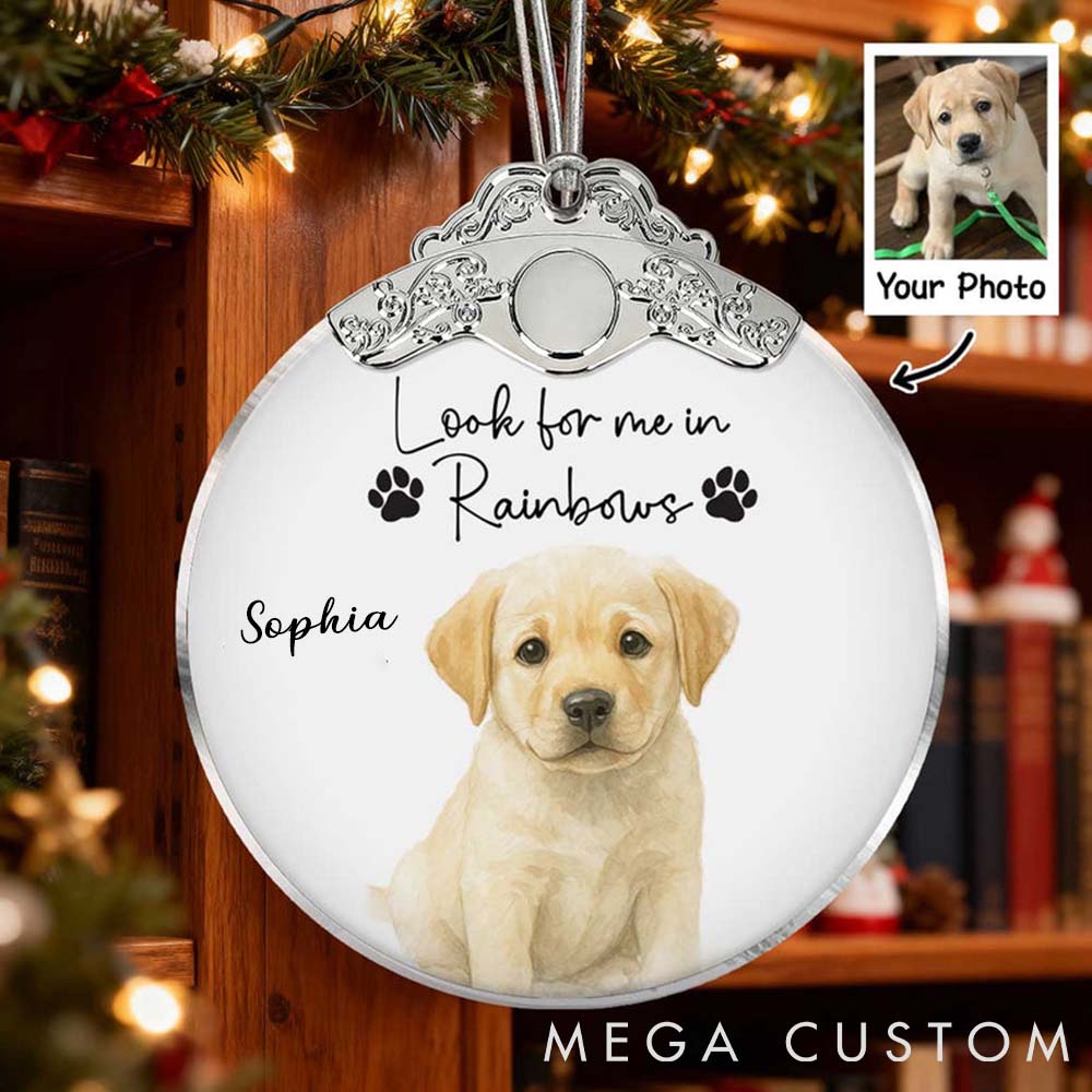 Personalized Pet Lover Custom Watercolor Portraits Using Pet Photo Look for Me in Rainbows Memorial Ornament