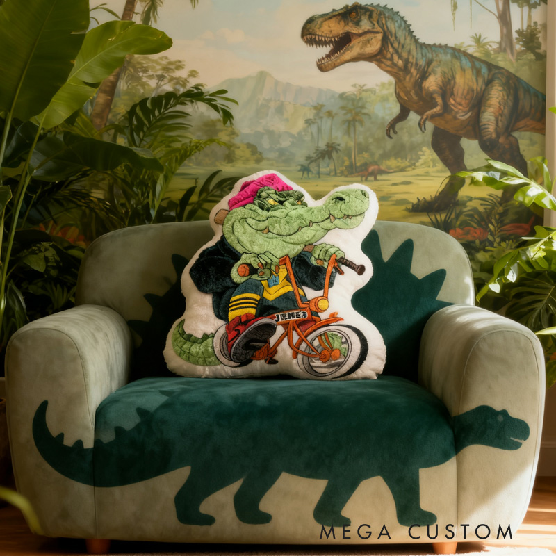 Personalized Crocodile Gang Rider Bike Pillow Cozy Graphic 3D Print Cool Biker Dino Racing Pillow Name Pillow Comfortable Travel Cushion for Kids Boys Riding Lovers