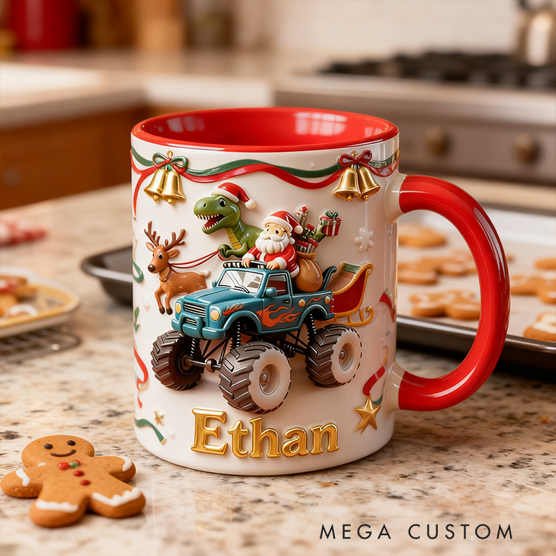 Personalized Christmas Santa Monster Truck 3D Effect Mug with Dinosaur Custom Name Holiday Coffee Cup Gift 