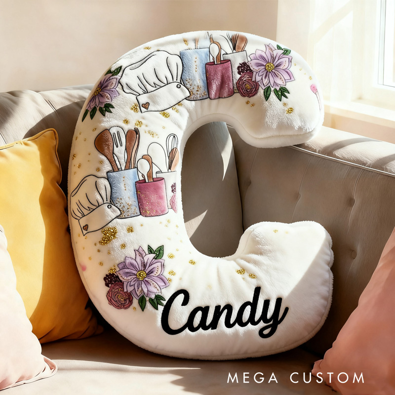 Personalized Baking Tool Alphabet Throw Pillow Chef Hat Letter Pillow with Name for Kids Girl Boy Baking Lover Christmas Gifts Loving Room Decor