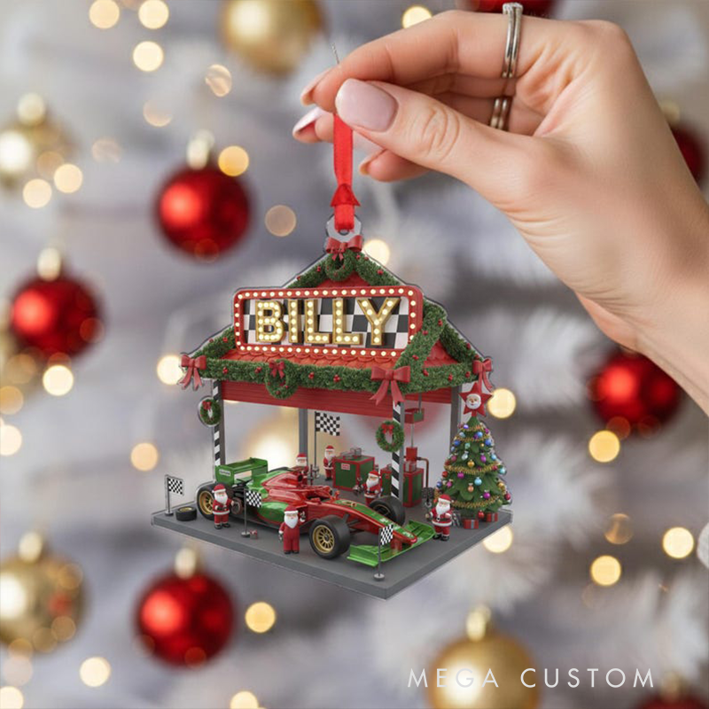 Personalized Racing Garage Christmas Ornament Custom Name Race Car Pit Stop Decoration Racing Fans Holiday Gifts