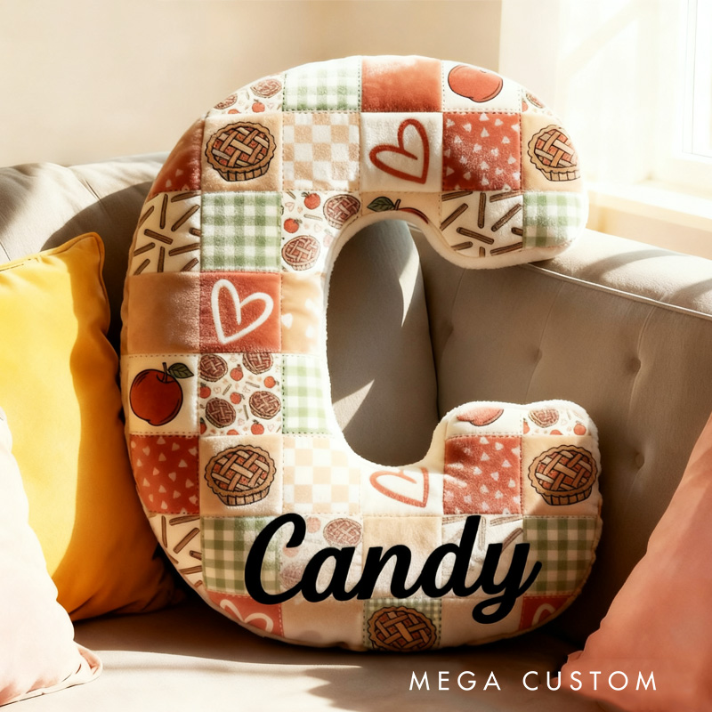 Personalized Apple Pie Patchwork Alphabet Throw Pillow Baking Lover Letter Pillow with Name for Kids Girl Boy Baker Christmas Gifts Loving Room Decor
