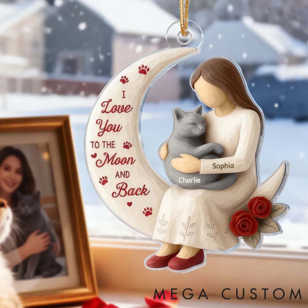 Personalized Cat Lover Roses Wooden Texture Cat Mom On Moon Ornament