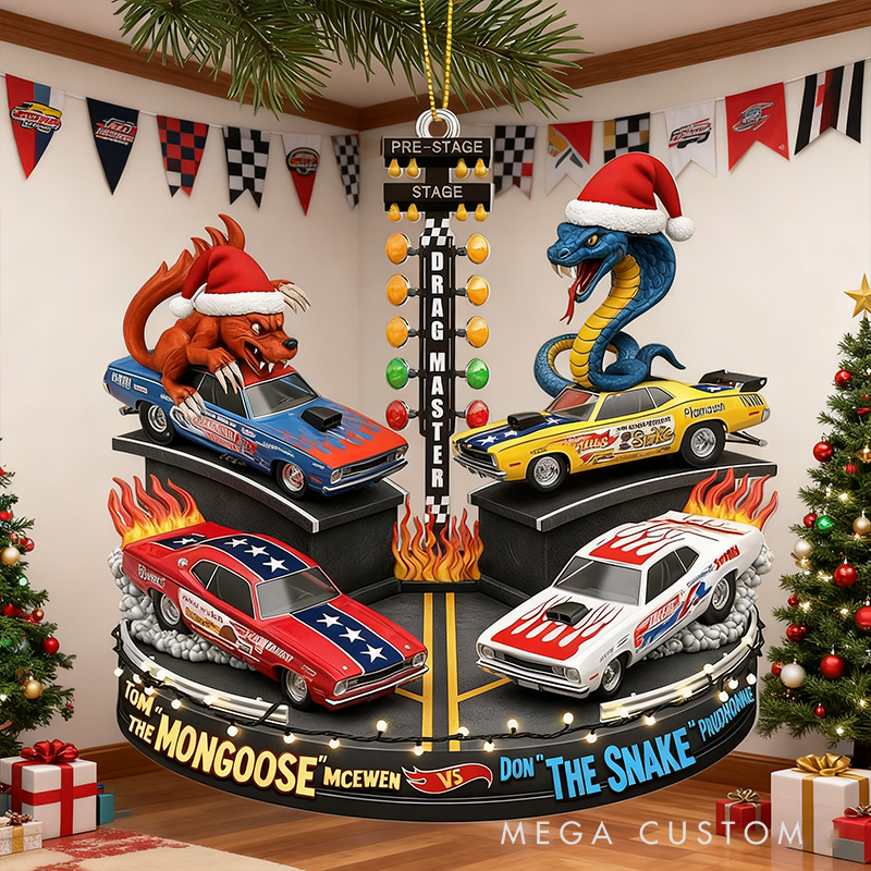 Personalized Drag Racing Christmas Ornament Custom Text Festive Race Car Rivalry Tree Decoration Gift for Racing Fans