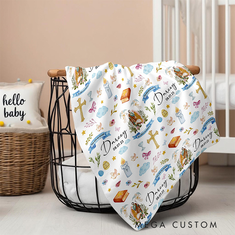 Personalized Holy Saints Soft Throw Blanket with Name and Date Birthday Baby Shower Gift Religious Gift for Kids