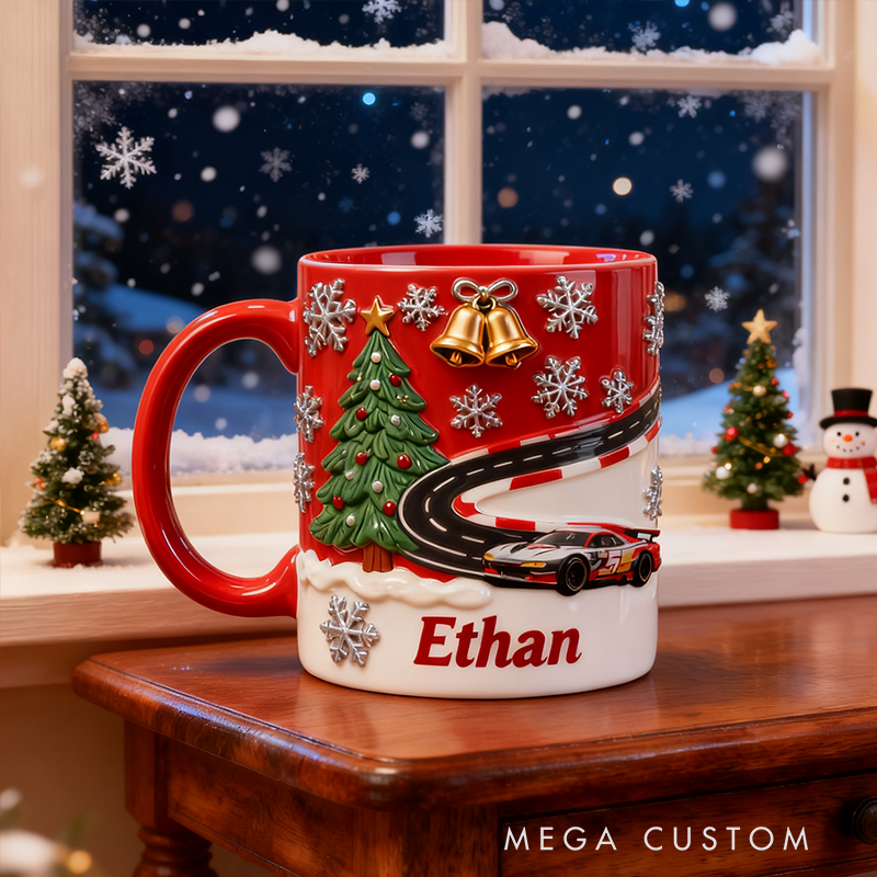 Personalized Christmas Race Car Mug Custom Name Holiday Ceramic Cup Gift for Car Lovers and Racing Fans