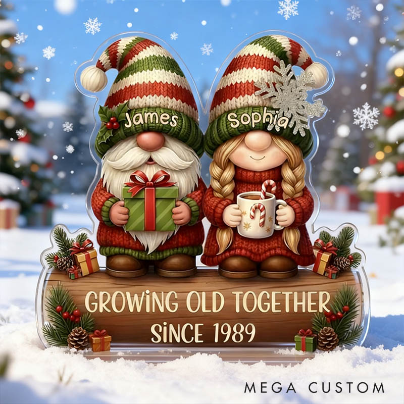 Personalized Couple Gnome Growing Old Together Faux Wood Acrylic Plaque Custom Newlyweds Mr and Mrs Plaque Anniversary Christmas Gift for Him Her