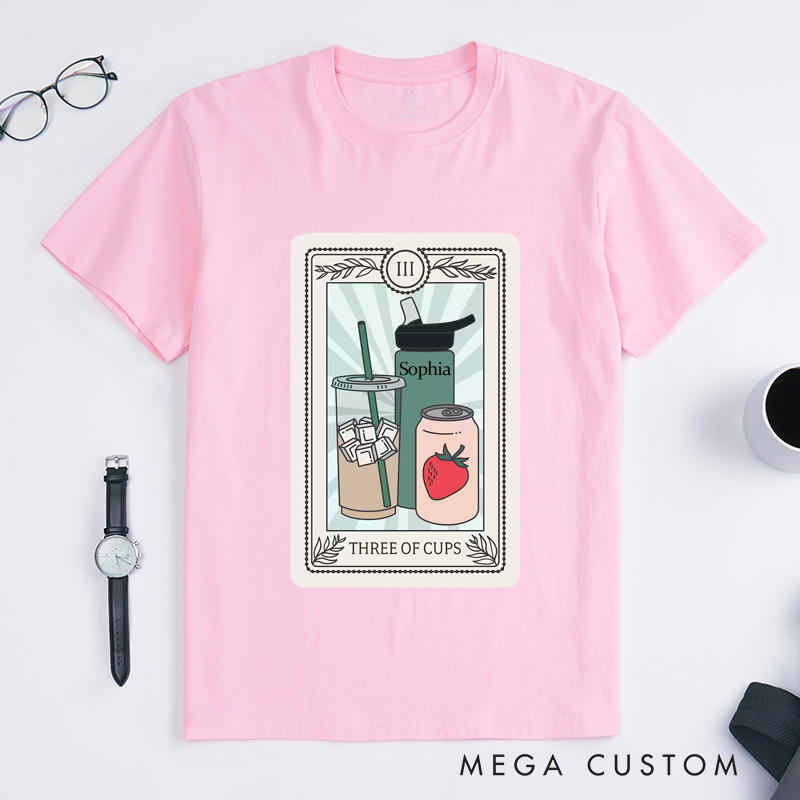Personalized Three Drink Cups Classic T-Shirts Custom Name Friendship Gift Unique Iced Coffee Water Bottle Strawberry Soda Unisex Tee 