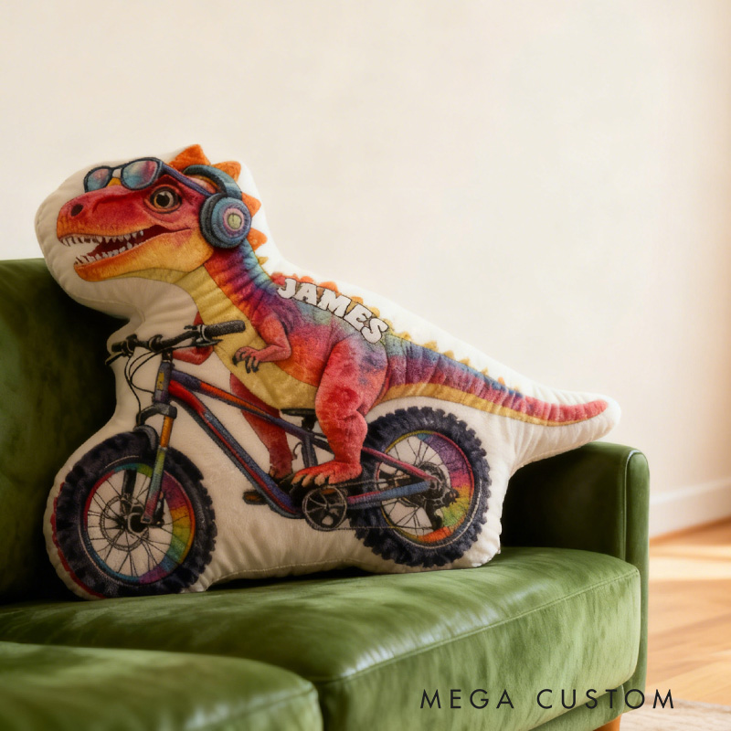 Personalized Dino Rider Bike Pillow Cozy Graphic 3D Print Cool Skull Racing Biker Dino Pillow Name Pillow Comfortable Travel Cushion for Kids Boys Riding Lovers