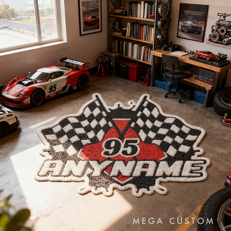 Personalized Racing Style Shaped Rug Custom Name and Number Car Lovers Room Race Flag Floor Mat