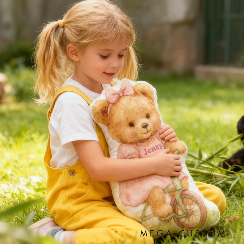 Personalized Bear Bike Pillow Cozy Graphic 3D Print Bow Pillow Name Pillow Comfortable Travel Cushion for Kids Riding Lovers