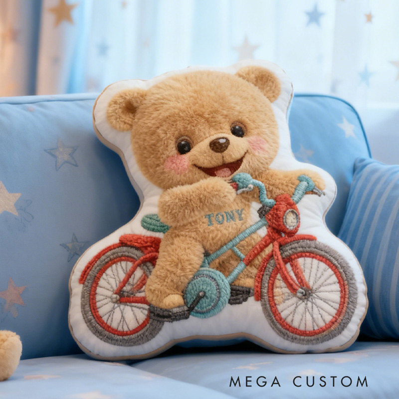 Personalized Bear Bike Pillow Cozy Graphic 3D Print Bow Pillow Name Pillow Comfortable Travel Cushion for Kids Riding Lovers