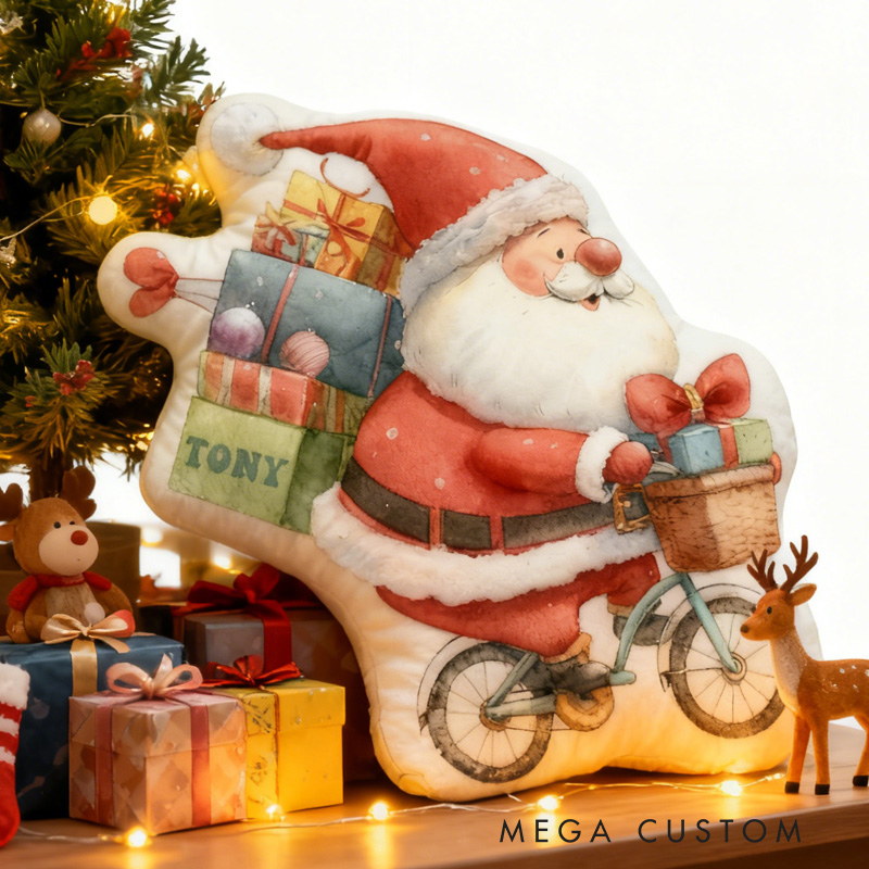 Personalized Xmas Gifts Bike Pillow Cozy Santa Chirstmas Graphic 3D Print Bow Pillow Name Pillow Comfortable Travel Cushion for Kids Riding Lovers