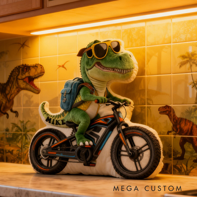 Personalized Dino Rider Bike Pillow Cozy Graphic 3D Print Cool Racing Biker Dino Pillow Name Pillow Comfortable Travel Cushion for Kids Boys Riding Lovers