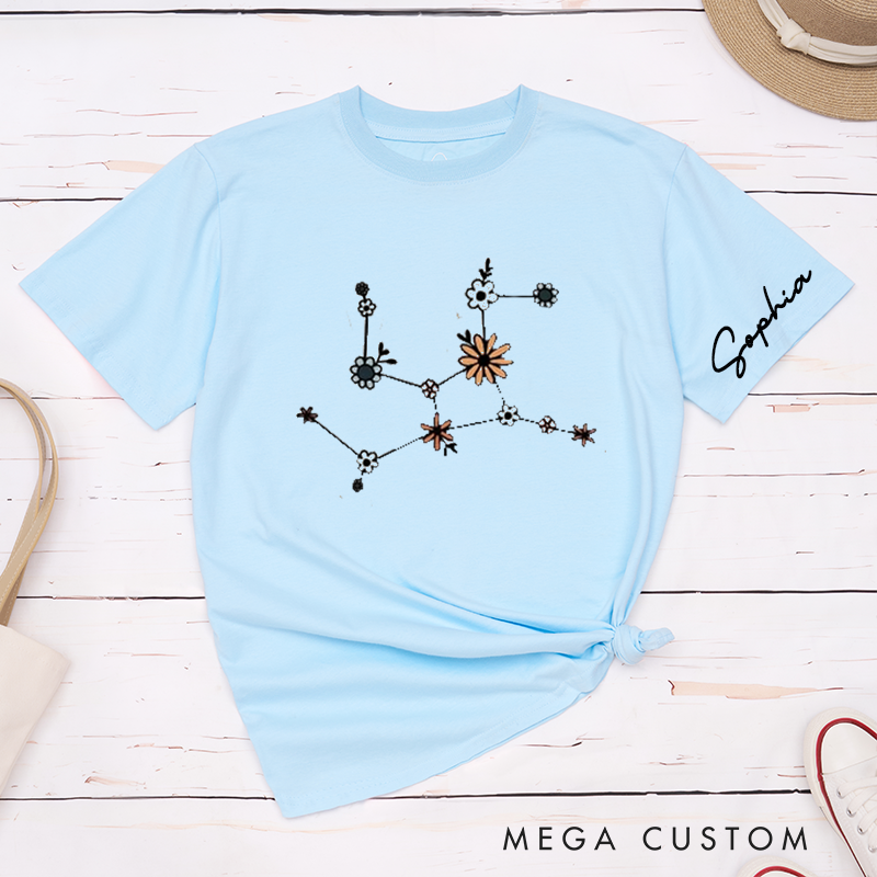 Personalized Virgo Zodiac Constellation Floral T-Shirt Custom Name Classic Unisex Birthday Gift for Astrology Lovers Unique Personalized Tee