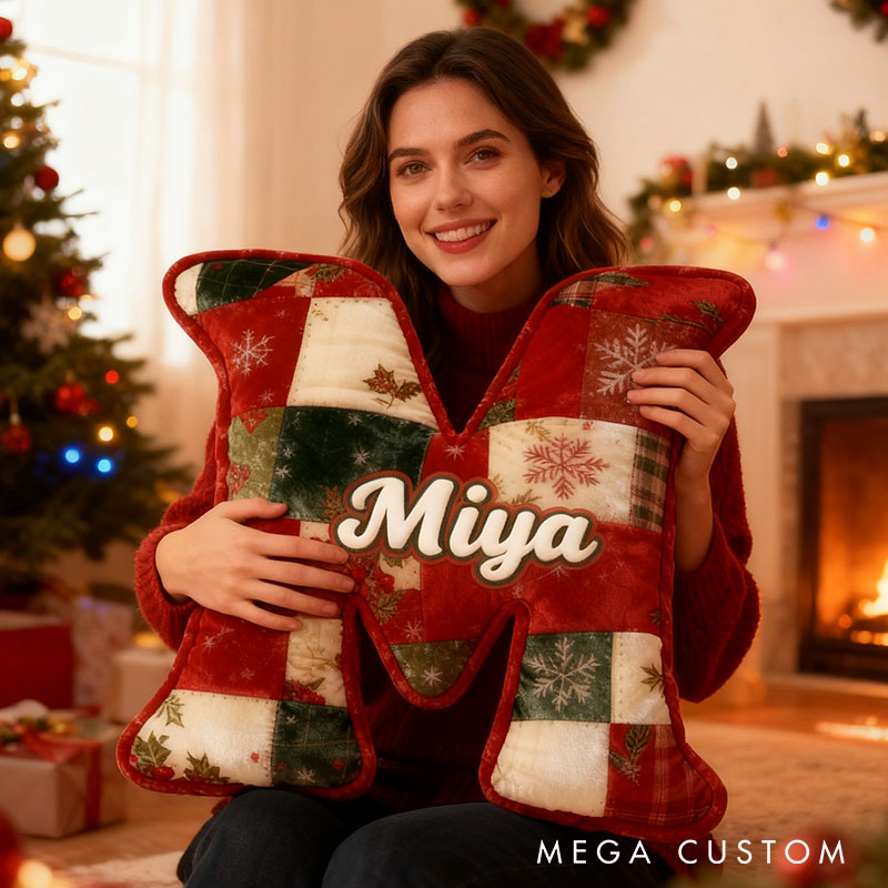 Personalized Girl friend Christmas Patchwork Graphic 3D Printed Pillow Custom Flower Girl Name Christmas Cushion Christmas Gift for Him Her Couple