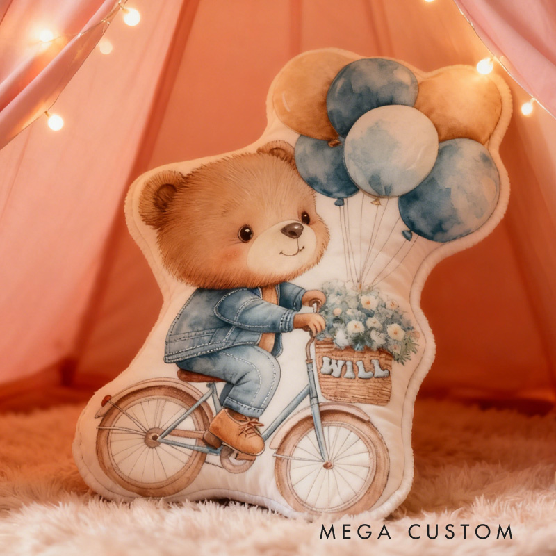 Personalized Teddy Riding Pillow Cozy Lovely Graphic 3D Print Bicycle Throw Pillow Name Pillow Comfortable Balloon Travel Cushion for Kids Girls Riding Lovers