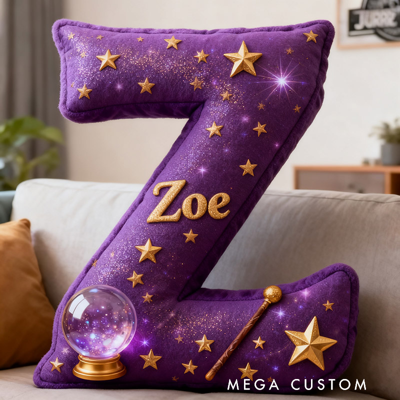 Personalized Magic Letter Pillow Decorated with Magic Ball Magic Wand Stars Graphic 3D Print Pillow for Kids and Magic Lovers