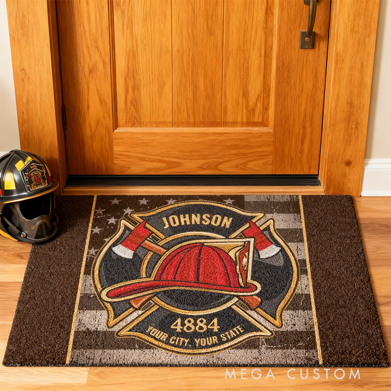 Personalized Firefighter Doormat Custom Name, Number & Text USA Flag Fire Dept Entry Rug Gift for Fireman Families