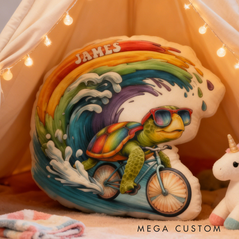 Personalized Sea ​​Turtle Rider Bike Pillow Cozy Graphic 3D Print Cool Racing Biker Rainbow Ocean Pillow Name Pillow Comfortable Travel Cushion for Kids Boys Riding Lovers