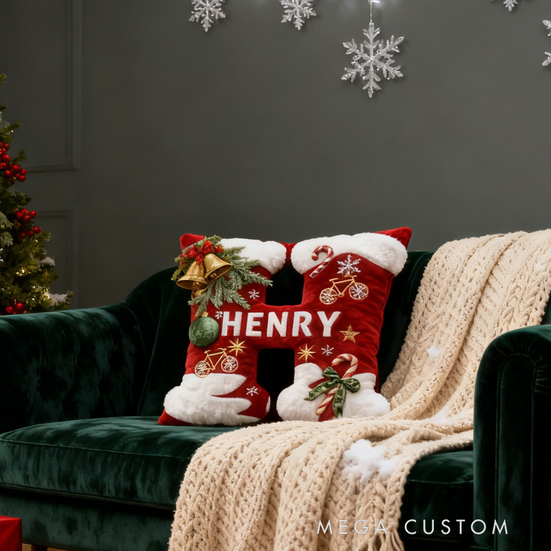 Personalized Red Christmas Letter Pillow Custom Name Festive Decor with Bicycle Snowflake Christmas Gifts for Family Graphic 3D Print Cycling Riding Lovers