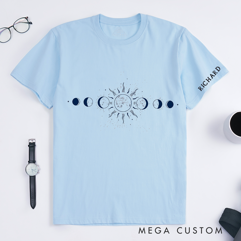Personalized Sun and Moon Phases Classic T-Shirt Custom Name Gift Spiritual Celestial Design for Men and Women Unique Astrology Birthday Present