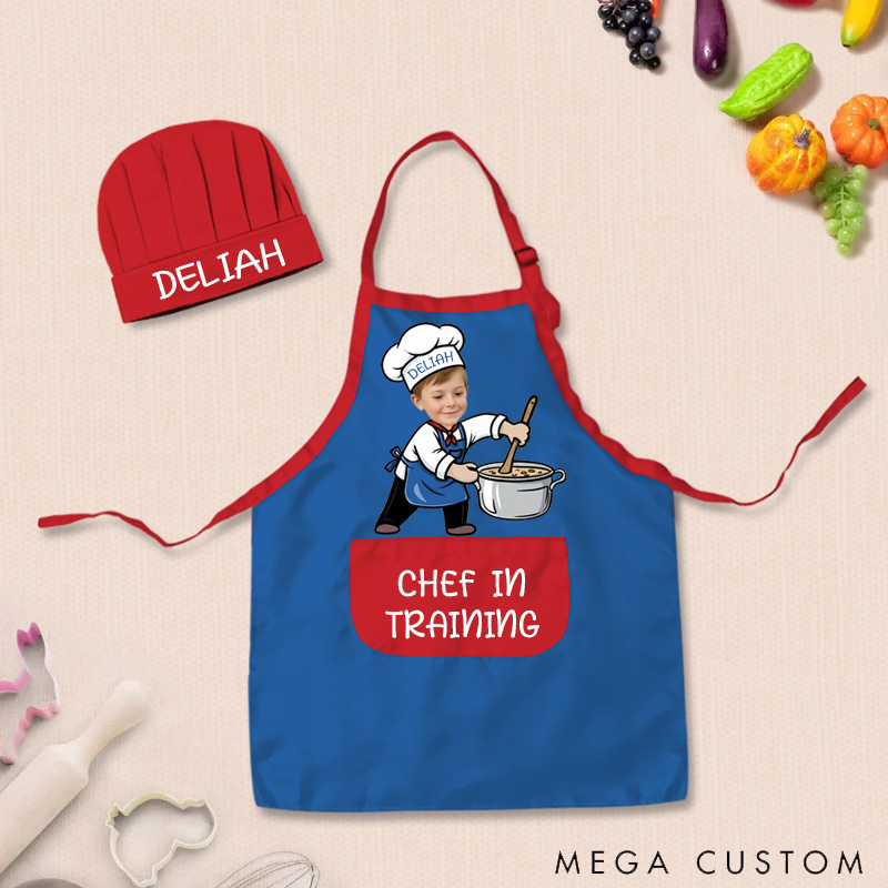 Personalized Fun Cooking Positions Adjustable Kid Apron Chef Hat Set with Pocket and Name for Cooking Baking Birthday Holiday Gift for Kids