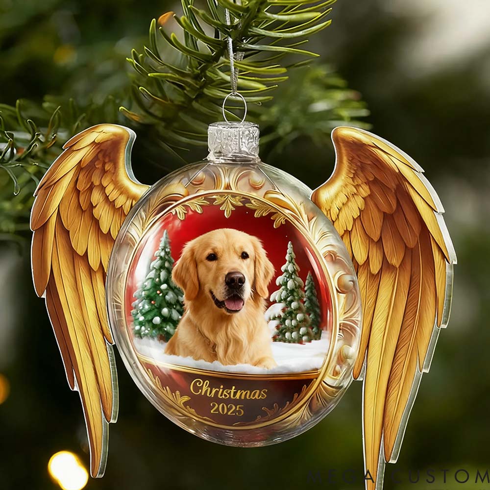 Personalized Pet Lover Custom Photo Golden Wings Christmas Memorial Acrylic Ornament