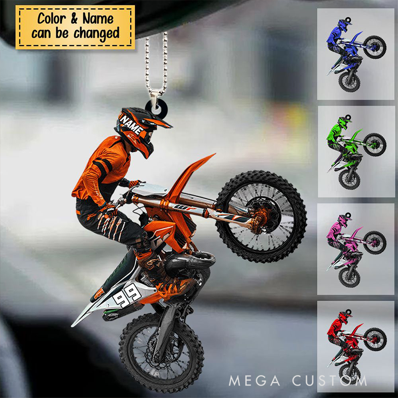 Personalized Motocross Biker Shaped Flat Acrylic Car Ornament Custom Name and Color Gift for Motorcycle Lovers