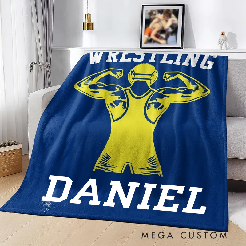 Personalized Multicolor Wrestling Silhouettes Soft Throw Blanket with Name and Text Housewarming Game Anniversary Gift for Wrestling Gym Lover