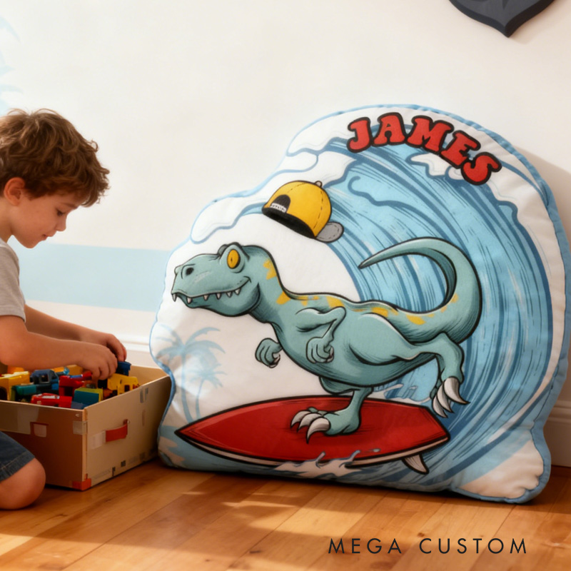 Personalized Suring Dino Pillow Rainbow Throw Pillow Graphic 3D Print Surfing Skateboarding Fitness Decoration Pillow Exercise Sport Pillow for Kids Surfing Skateboarding Lovers