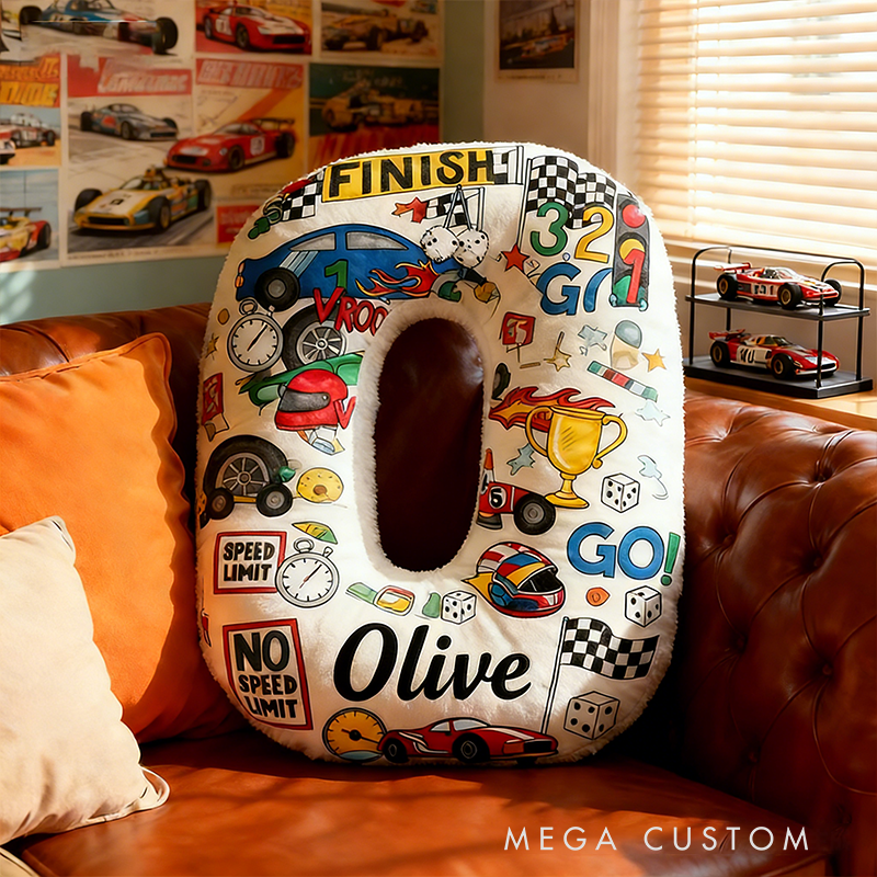 Personalized Racing Letter Pillow with Custom Name Stacked Car Elements Initial Cushion for Car Lovers