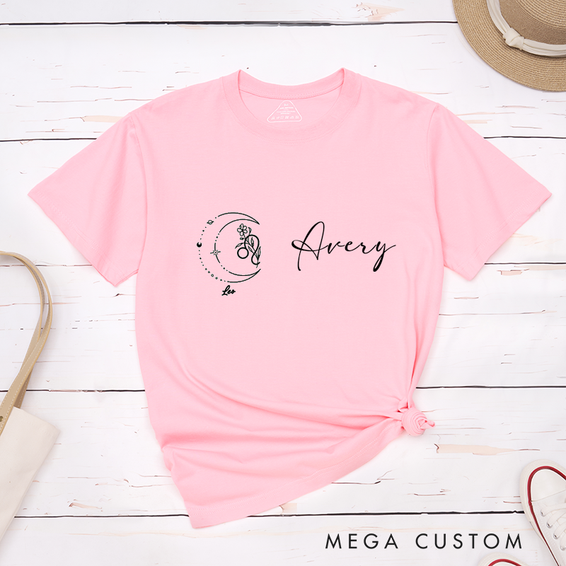 Personalized Leo Zodiac T-Shirt Classic Unisex Astrology Moon Floral Custom Gift for Horoscope Lovers Birthday Present for Him or Her