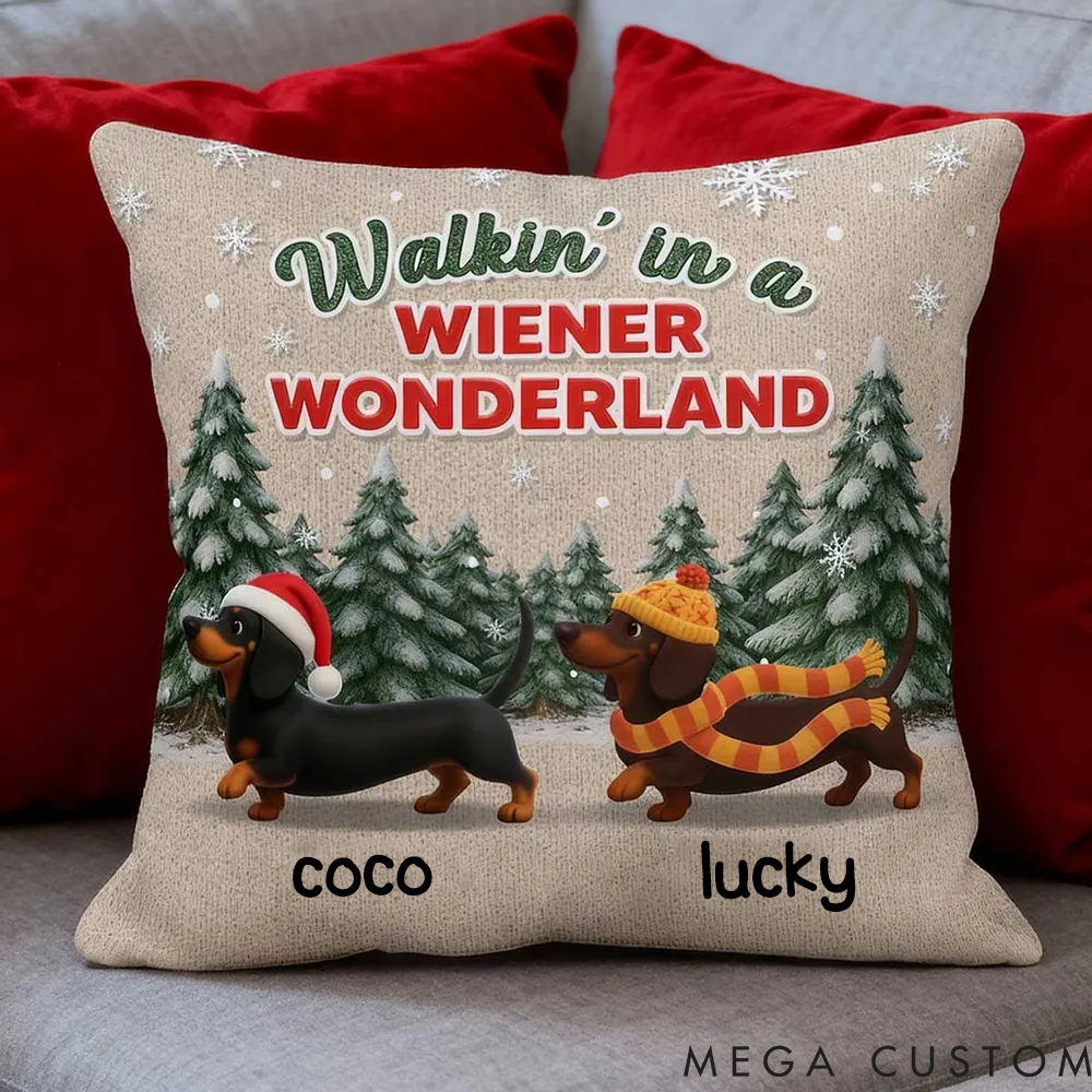Personalized Dog Lover Christmas Dachshunds Walking in a Wiener Wonderland Throw Pillows