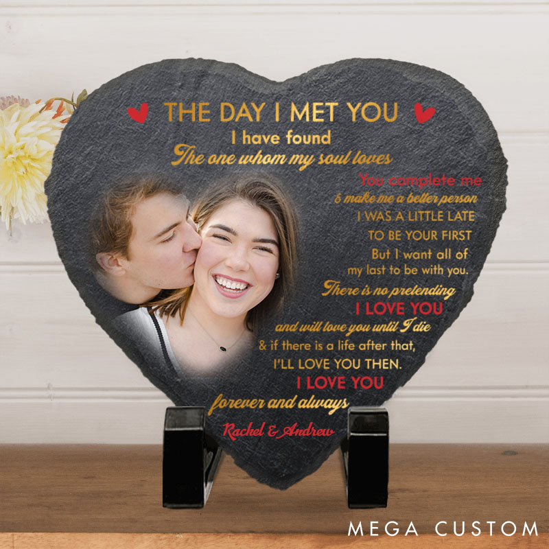 Personalized Couple Photo The Day I Met You Heart and Square Shaped Stone with Stand First Christmas Gift for Boyfriend Girlfriend Valentines Day Gift