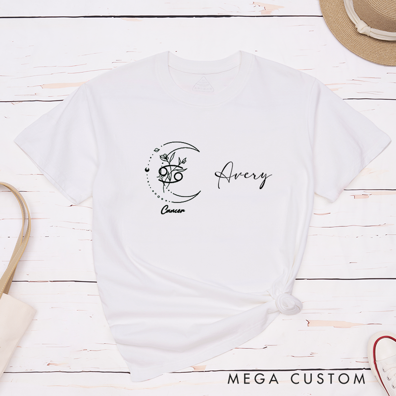 Personalized Cancer Zodiac Symbol Classic T-Shirts Custom Name Moon Floral Astrology Sign Birthday Gift Unisex Horoscope Shirt for Men and Women