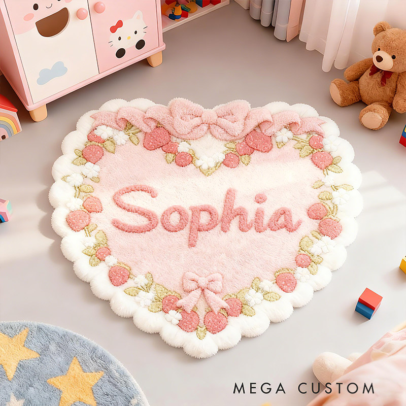 Personalized Heart Name Custom Soft Decorative Gift Pink Strawberry Style Cute Cozy Bedroom Lovely Bow Sweet Princess Room Comfort Floor Mat Carpet Rug for Kids