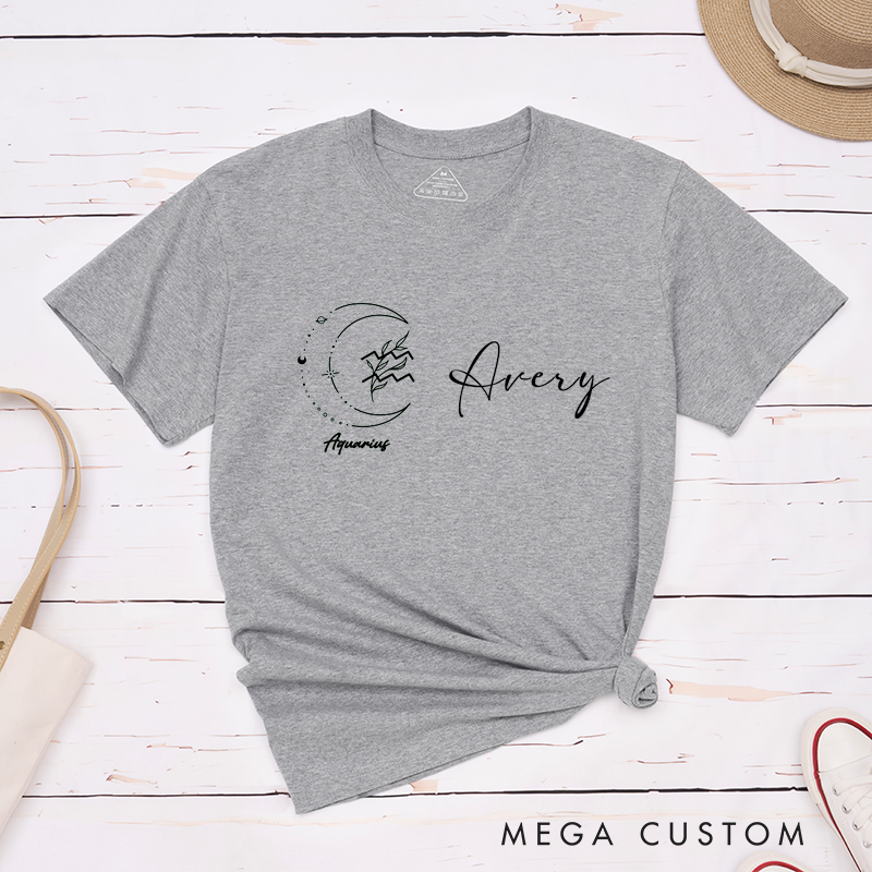 Personalized Aquarius Zodiac Sign Classic T-Shirts Custom Name Gifts for Astrology Lovers Unisex Unique Horoscope Shirt Birthday Present