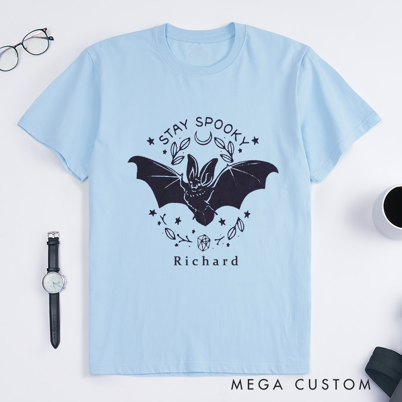 Personalized Stay Spooky Bat Classic T-Shirts Custom Halloween Gift Unique Gothic Graphic Tee Unisex Casual Top Personalized Name Present
