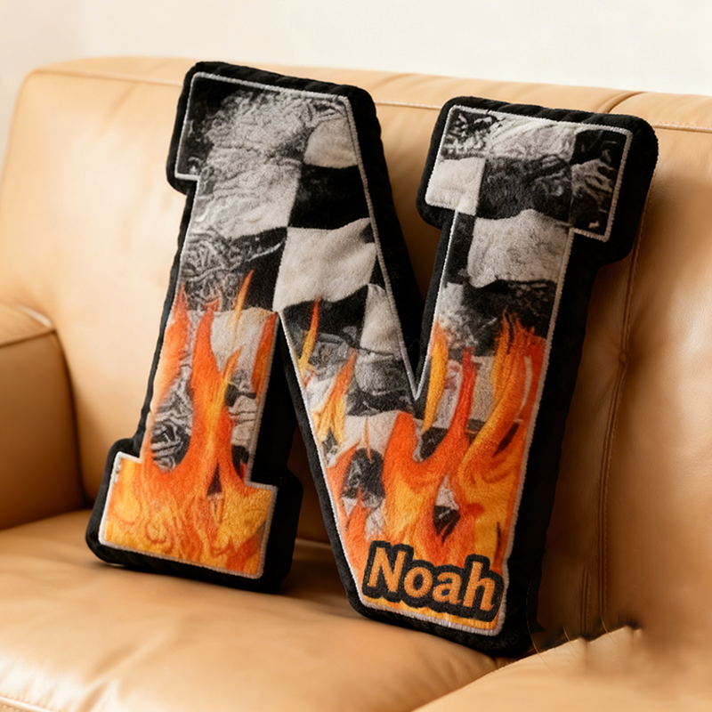 Personalized Racing Flame Letter Pillow Custom Name Initial Cushion Checkered Flag and Fire Design Decorative Gift
