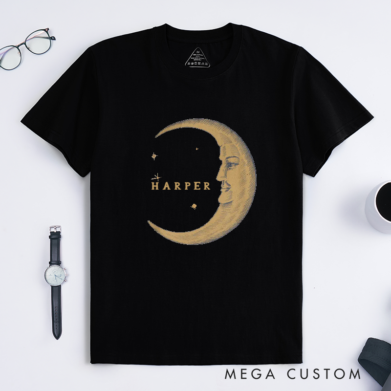 Personalized Moon Face Vintage Classic T-Shirts Custom Name Celestial Graphic Unisex Gift for Birthday Anniversary Unique Present for Him or Her 