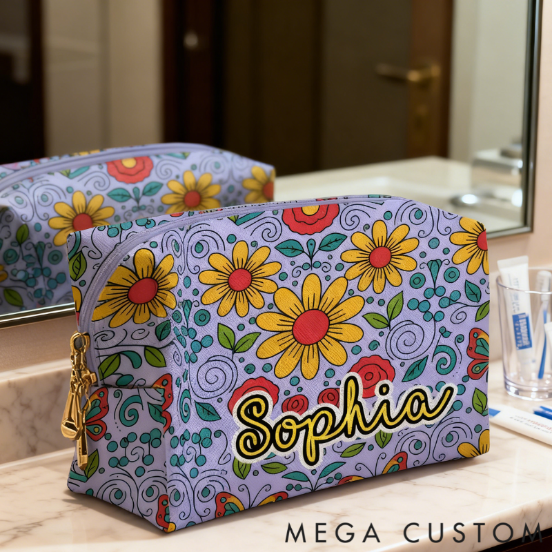 Personalized Multicolored Bright Sunflower Toiletry Bag Custom Name for Kids Travel Gifts and Daily Use