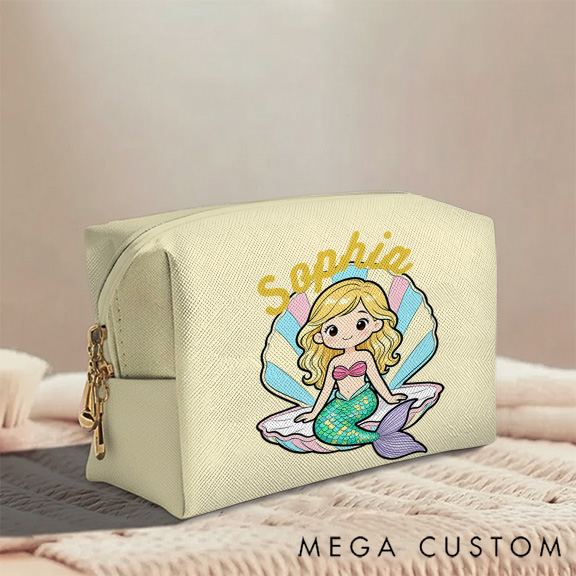 Personalized Cute Mermaid Toiletry Bag Custom Name for Kids Travel Gifts and Daily Use