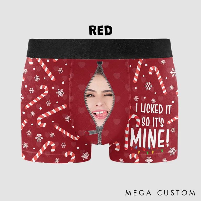 Personalized Girlfriend Wife Face I Licked It So It's Mine Christmas Boxer Briefs Men Underwear with Face Photo Xmas Gift for Him Boyfriend Husband