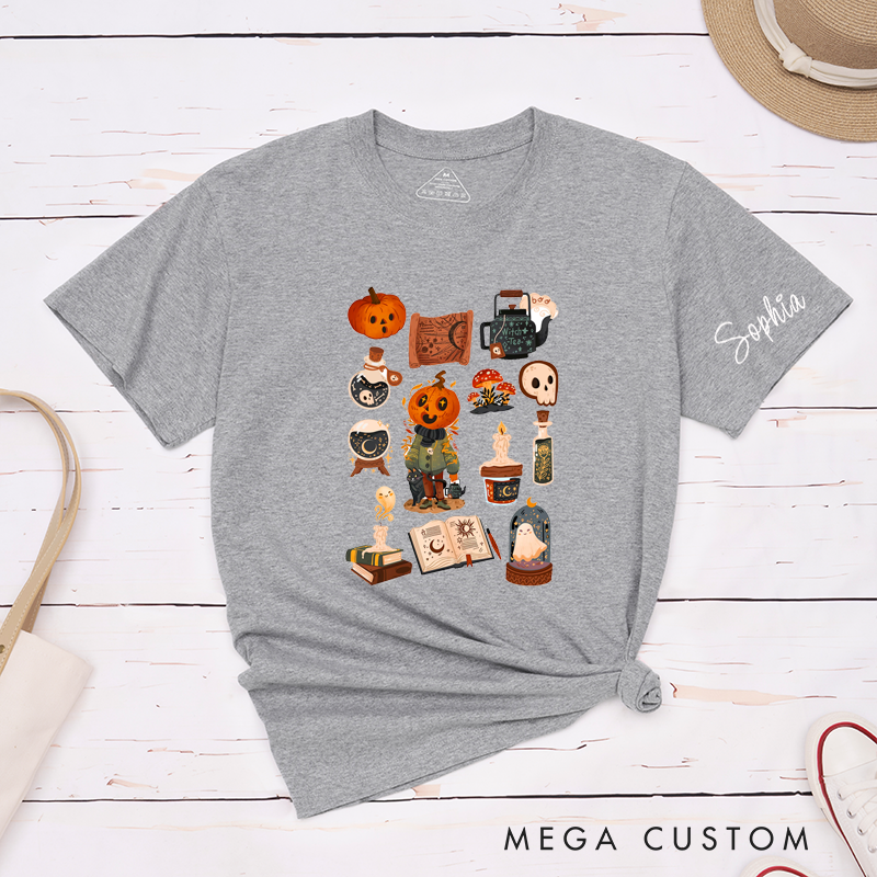 Personalized Cute Ghost Skull Classic T-Shirts Custom Halloween Spooky Unisex Gift for Friends and Family Retro Scary Party Shirt