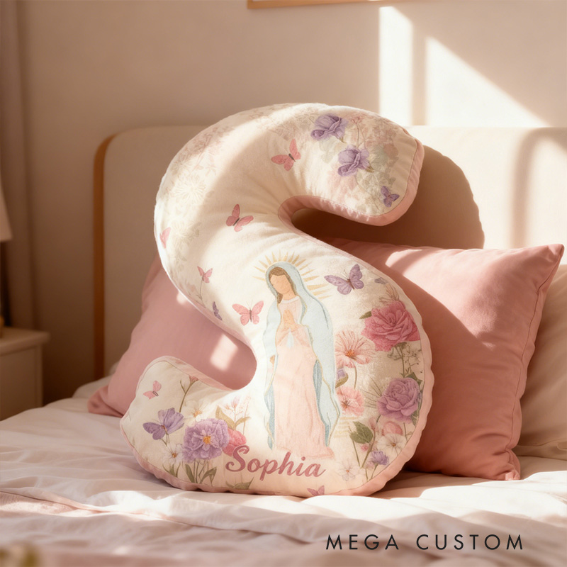 Personalized Virgin Mary Letter Pillow with Custom Name Catholic Home Decor Religious Gift for Her Floral Butterfly Graphic 3D Print Pillow