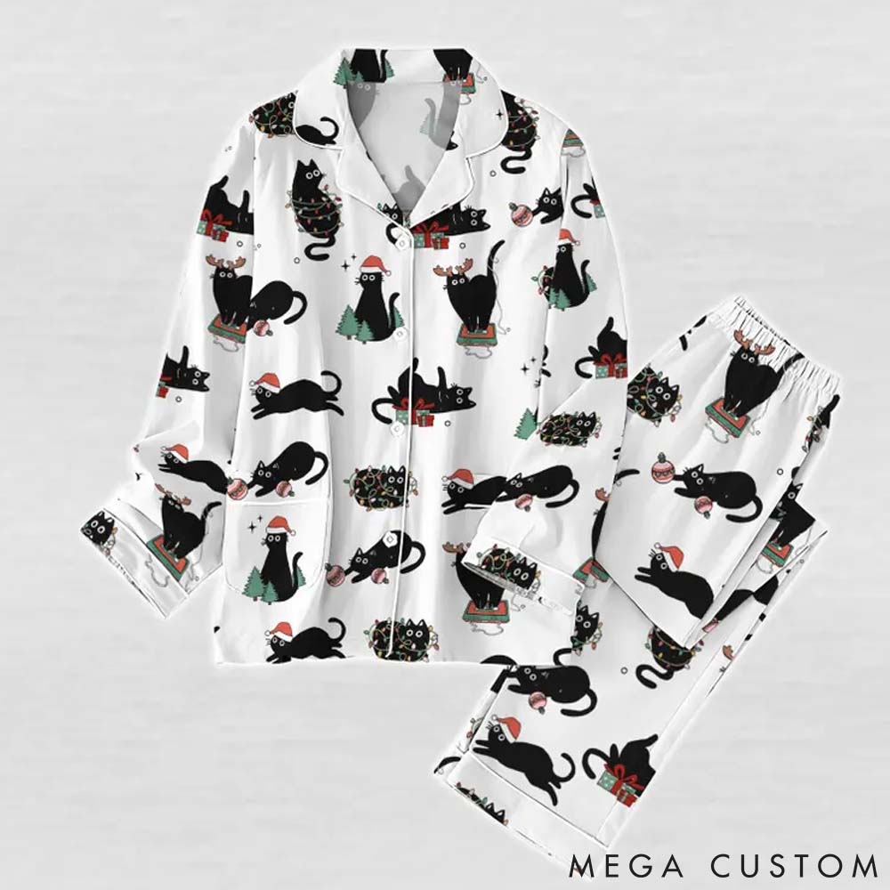 Personalized Cat Lover Black Cat Christmas Pajamas Set