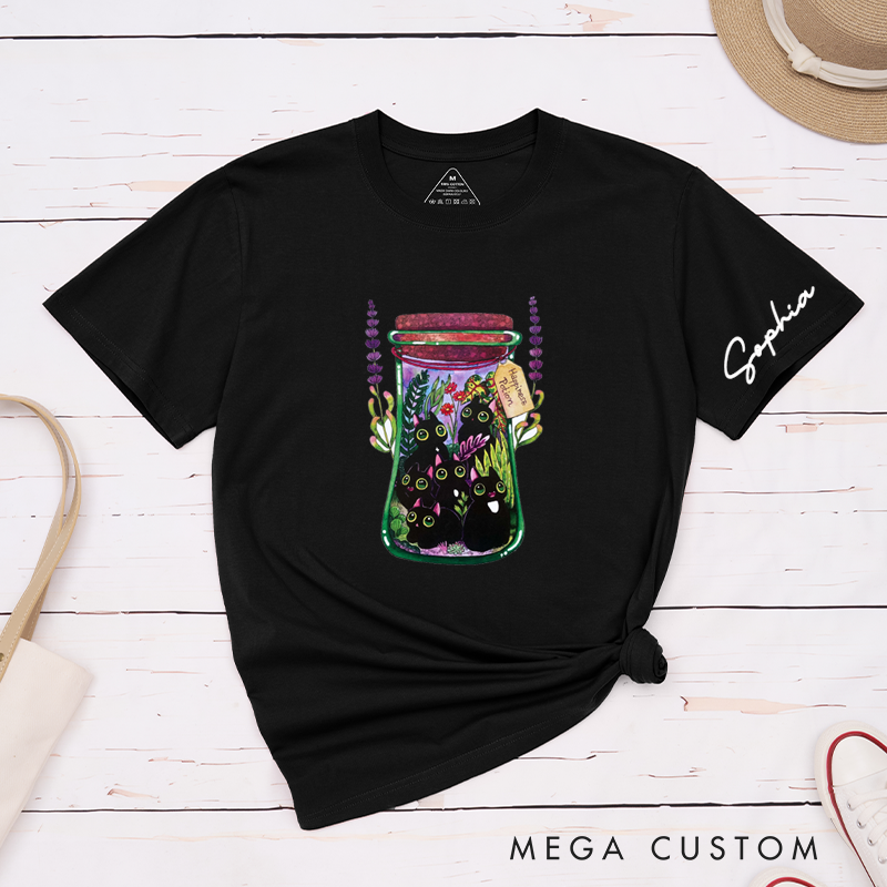 Personalized Cute Black Cat Happiness Potion T-Shirts Unique Artistic Gift for Cat Lovers Custom Pet Design Unisex Classic Tee